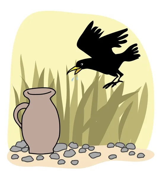 Černá vrána a džbán, který aesops bajky vektorové — Stockový vektor