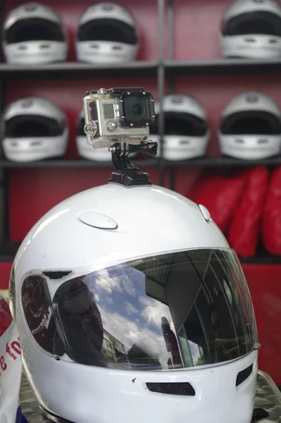 Go cart and racing sport helmet with camera — Stock Photo, Image