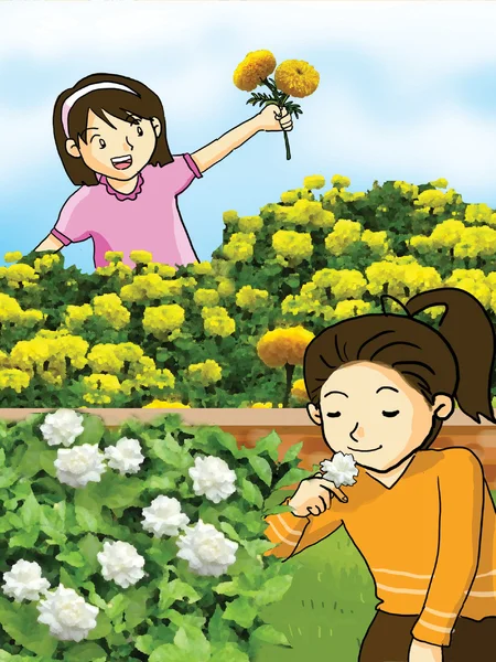 Girls smell flowers illustration — Stock Photo, Image