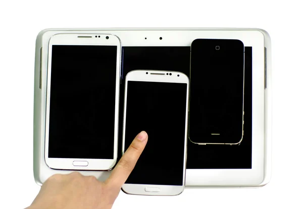 Dedo com dispositivos isolados no fundo branco — Fotografia de Stock