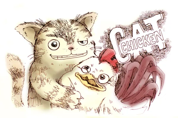 Kat en kip illustratie — Stockfoto