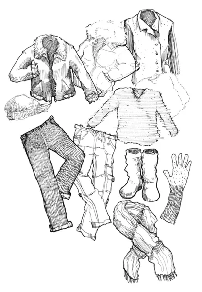 Winter clothes black and white illustration — Stock Photo, Image