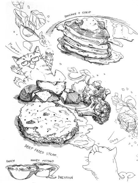 Pfannkuchen mit Sirup und Steak mit Gemüsezeichnung — Stockfoto