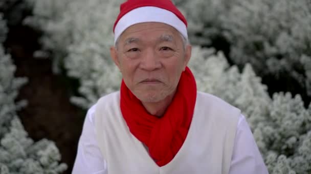 Щасливі Пальці Піднімають Азіатського Старшого Чоловіка Червоним Скіпетом Різдвяним Святом — стокове відео