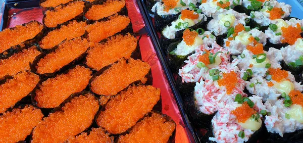 Full Frame Colorful Sushi Nigiri Set Trays Top View Angle — Stock Photo, Image