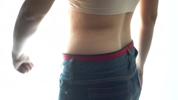 Asian Woman Worry Belly Fat Problem Wearing Jeans Beauty Pressure — Stock Video