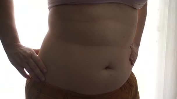 Barriga Muito Gorda Frente Lado Excesso Peso Mulher Asiática Agarrando — Vídeo de Stock