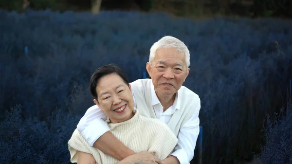 Asian Retired Senior Couple Celebrating Winter Beautiful Blue Flower Field — Stock Photo, Image