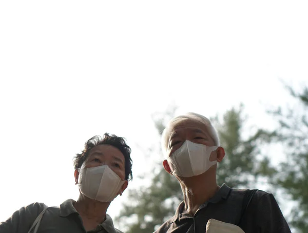 Maske Koruması Olan Asyalı Yaşlı Çift Salgın Hastalıktan Gelir Emeklilik — Stok fotoğraf