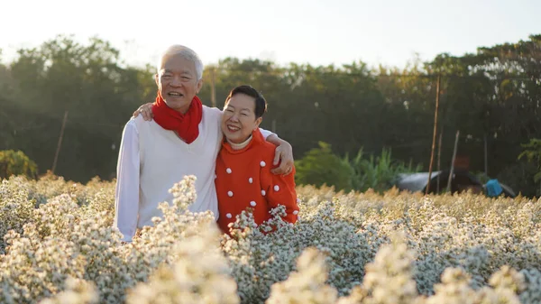 Senioren Paar Ouderen Vieren Kerstmis Nieuwjaar Bloemenveld Ochtend — Stockfoto