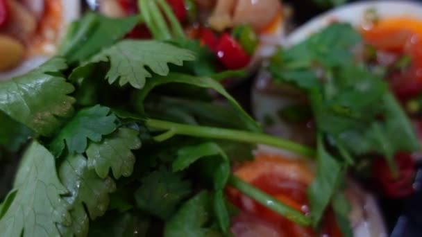 Half Boiled Egg Spicy Thai Salad Sweet Sour Sauce Chilli — Stock Video