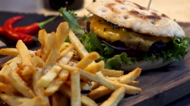 Edamame Cheese Burger Fries Rustic Style — Stock Video