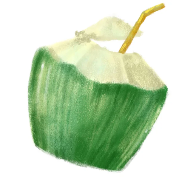 Otwarty Kokos Sok Lato Wakacje Zdrowe Myśleć Ręka Rysunek Ilustracja — Zdjęcie stockowe