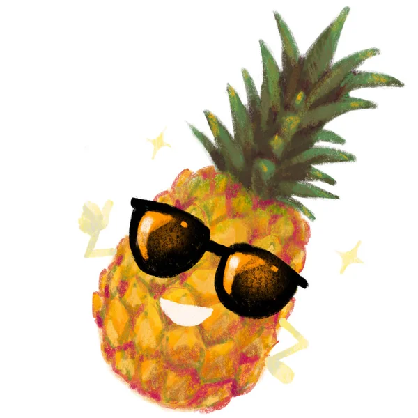 Rolig Ananas Med Solglasögon Glad Cool Sommar Semester Karaktär Handritad — Stockfoto