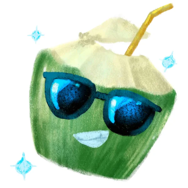 Spaß Kokosnusssaft Mit Sonnenbrille Glücklich Kühlen Sommerurlaub Charakter Hand Zeichnung — Stockfoto