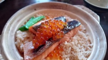 Japon yemeği stili kil çömlek somon pilavı ve ikura yumurtası.