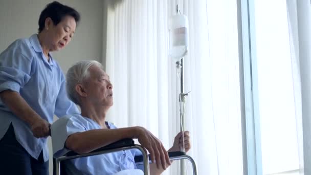 Feleség Asszisztál Tolószékben Férj Idősebb Ázsiai Idősebb Pár Kórházban Aggódnak — Stock videók