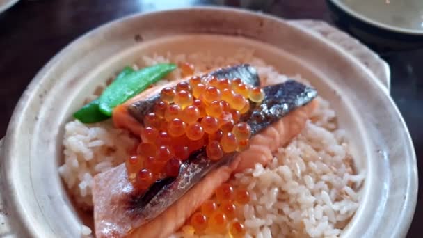 焼き日本料理土鍋サーモンライスとイクラ — ストック動画