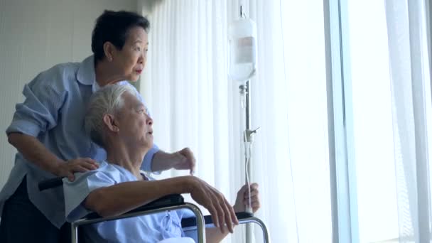 Żona Asystuje Wózku Inwalidzkim Męża Starsze Azjatki Starsze Pary Szpitalu — Wideo stockowe