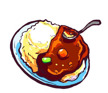 Japon yemeği köri pilavı ve kaşık kepçeli dijital illüstrasyon çizimi