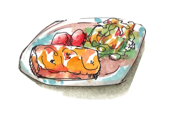 Assiette Alimentaire Aquarelle Peinture Saumon Avec Art Salade — Photo