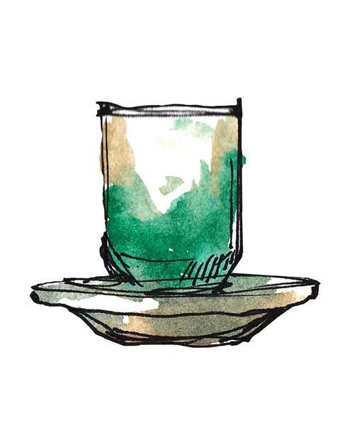 Thé Vert Céramique Glacée Tasse Avec Support Aquarelle Peinture Illustration — Photo