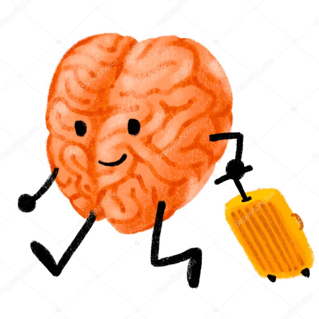 Brain resting take a break with luggage travel on vacation trip painting illustration cartoon