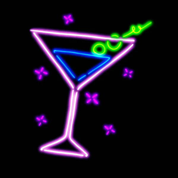 Cocktail Glass Neon Light Illustration Sprakling Alcohol Night Drink — Stock Photo, Image