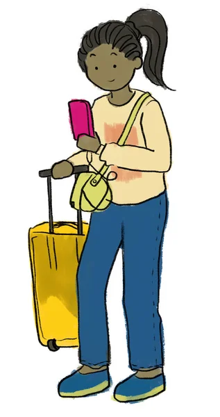 Femme Voyageur Avec Masque Aéroport Dessin Animé Illustration Dessin Main — Photo