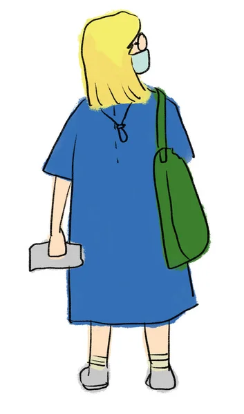 Reisende Frau Mit Maske Und Bordkarte Flughafen Cartoon Handzeichnung Illustration — Stockfoto