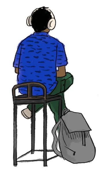 Man Sitting Headphone Flight Airport Cartoon Hand Drawing Illustration — Stock Photo, Image