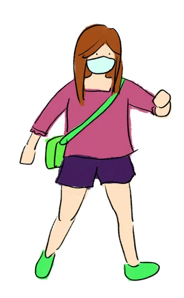 People Traveler Woman Mask Airport Cartoon Hand Drawing Illustration — Stock Photo, Image