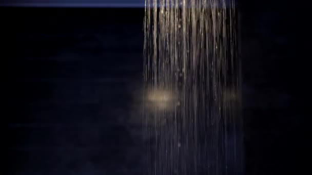 Rain Shower Water Flow Dark Interior Bathroom Light — Vídeos de Stock