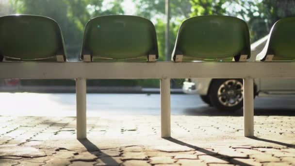 Cinematic Urban Scene Bangkok Thailand Bus Stop Seating Light Sun — Video Stock