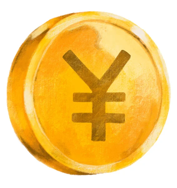Moneta Oro Con Simbolo Yuan Yen Valuta Disegnato Mano Illustrazione — Foto Stock