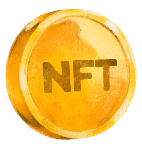 gold coin with NFT symbol currency hand drawn illustration art