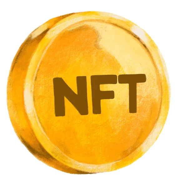 Gold Coin Nft Symbol Currency Hand Drawn Illustration Art — Stockfoto