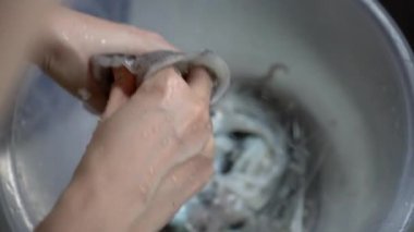 Mutfak lavabosunda tuzlu su ile el yıkama ve yemek hazırlama.