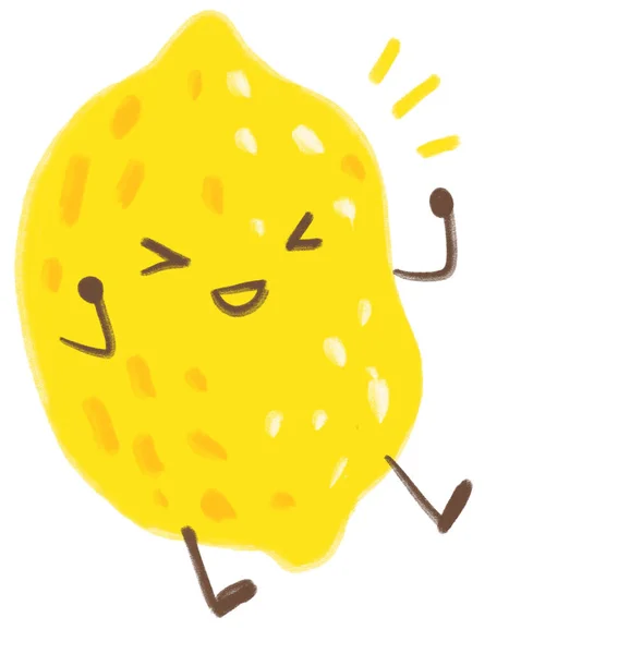 Gelbe Zitrone Glückliches Lächeln Aktive Cartoon Illustration Charakter — Stockfoto