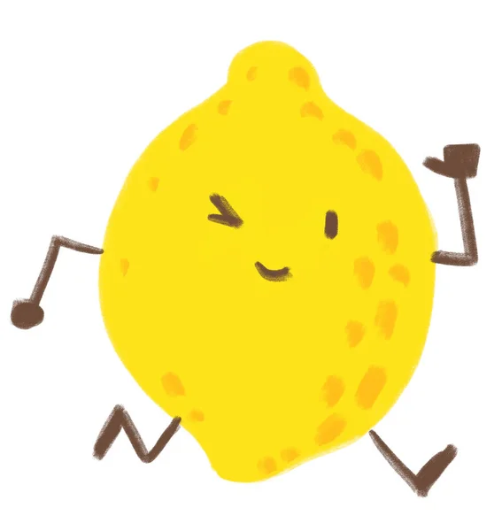 Gelbe Zitrone Glückliches Lächeln Aktive Cartoon Illustration Charakter — Stockfoto