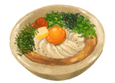 butter cream udon noodle soup egg yolk Japanese food illustration  hand drawing