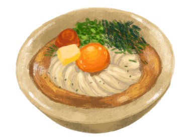 butter cream udon noodle soup egg yolk Japanese food illustration  hand drawing