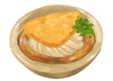 Sweet tofu inari udon noodle soup Japanese food illustration  hand drawing