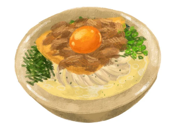 Beef Udon Noodle Soup Japanese Food Illustration Hand Drawing — ストック写真