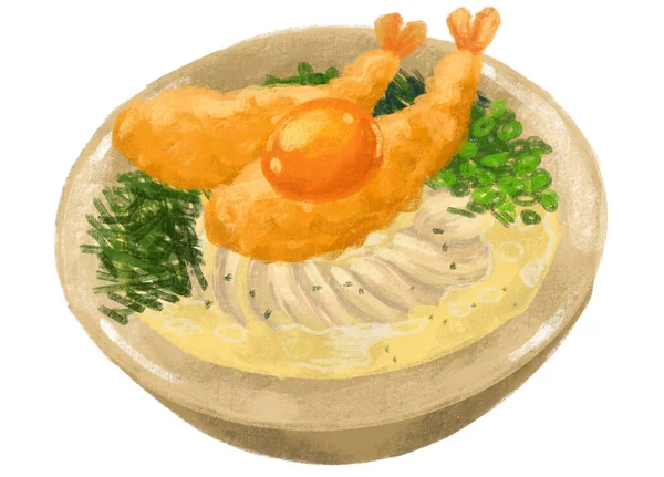 Japanese Udon Noodle Shrimp Tempura Seaweed Scallion Illustration Hand Painting — 스톡 사진