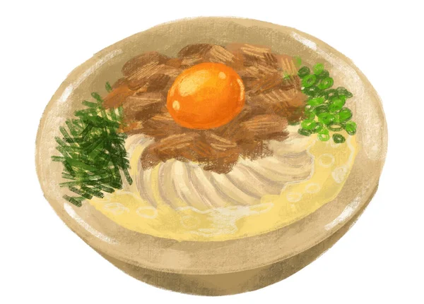 Beef Udon Noodle Soup Japanese Food Illustration Hand Drawing — Stockfoto