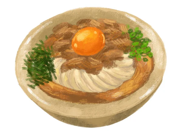 Beef Udon Noodle Soup Japanese Food Illustration Hand Drawing — Stockfoto