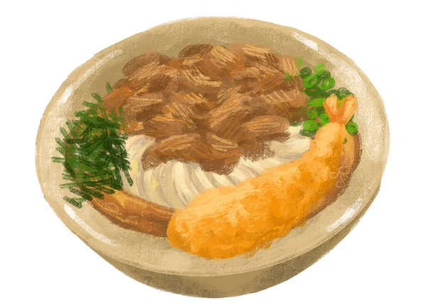 Japanese Udon Noodle Beef Shrimp Tempura Seaweed Scallion Illustration Hand — ストック写真