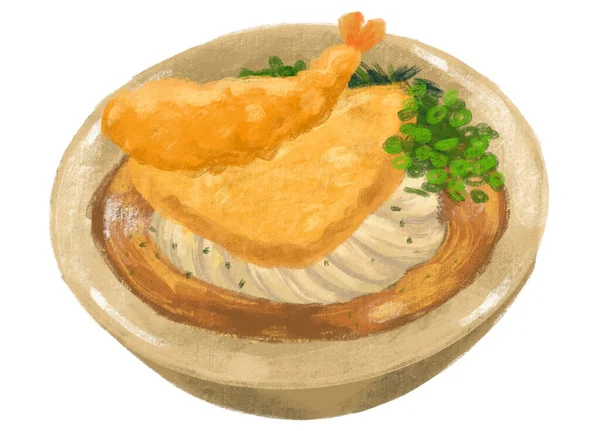 Inari Shrimp Tempura Udon Noodle Soup Japanese Food Illustration Hand — Stock Fotó