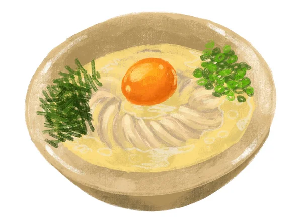 Japanese Food Udon Noodle Soup Egg Yolk Illustration Hand Painting — Fotografia de Stock